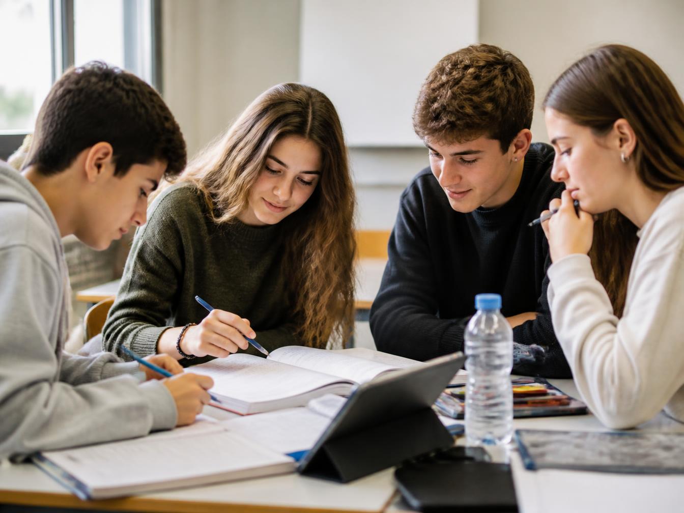 Compañeros del instituto estudiando juntos con libros y cuadernos